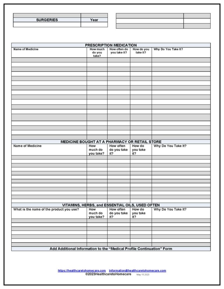 Page 2 of the medical profile form focuses on medications and includes both prescription and non-prescription medications that might recreate chemical interactions.